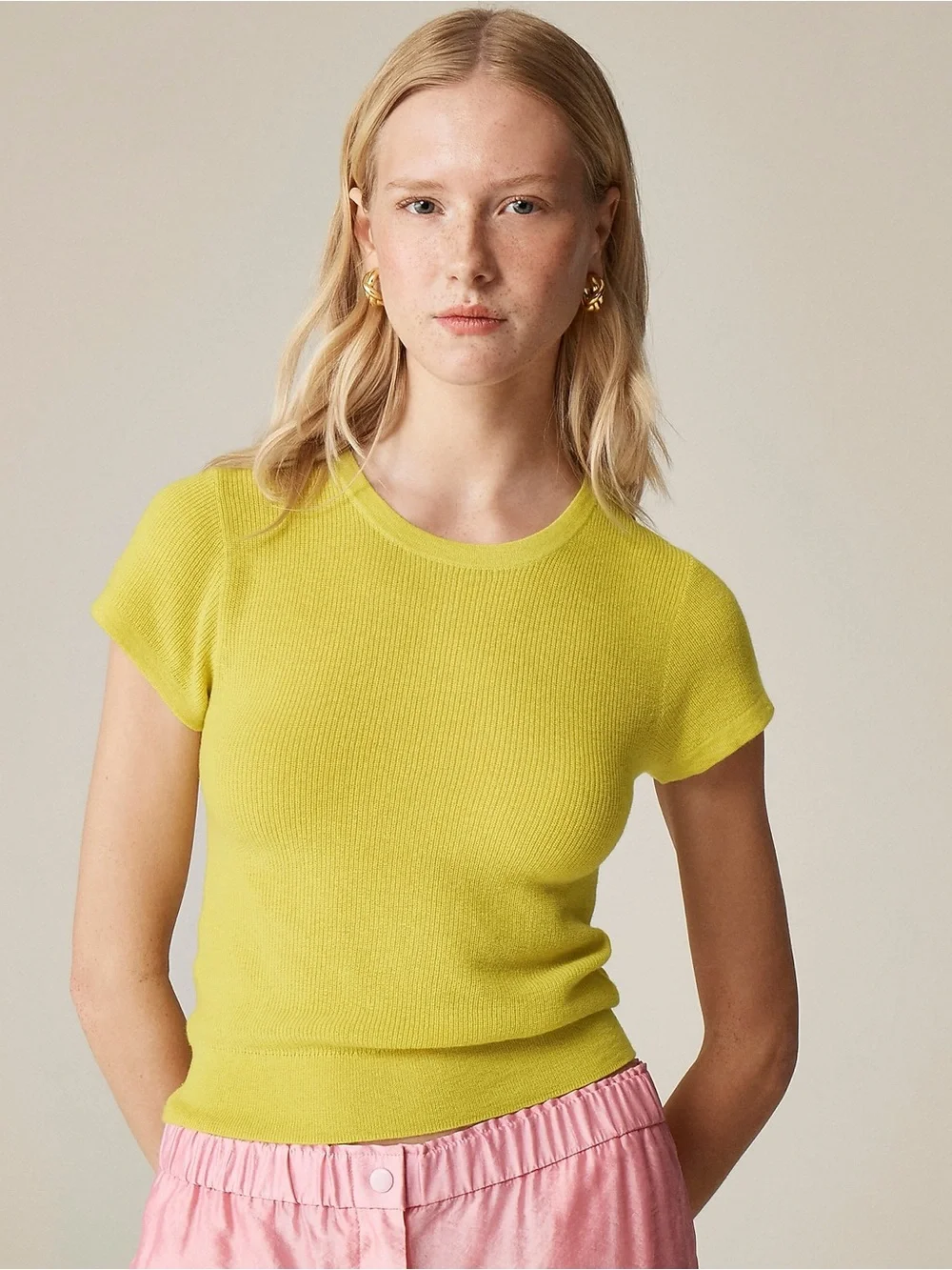 J. Crew Ribbed Featherweight Cashmere T-Shirt in Burnished Citron Short Sleeve